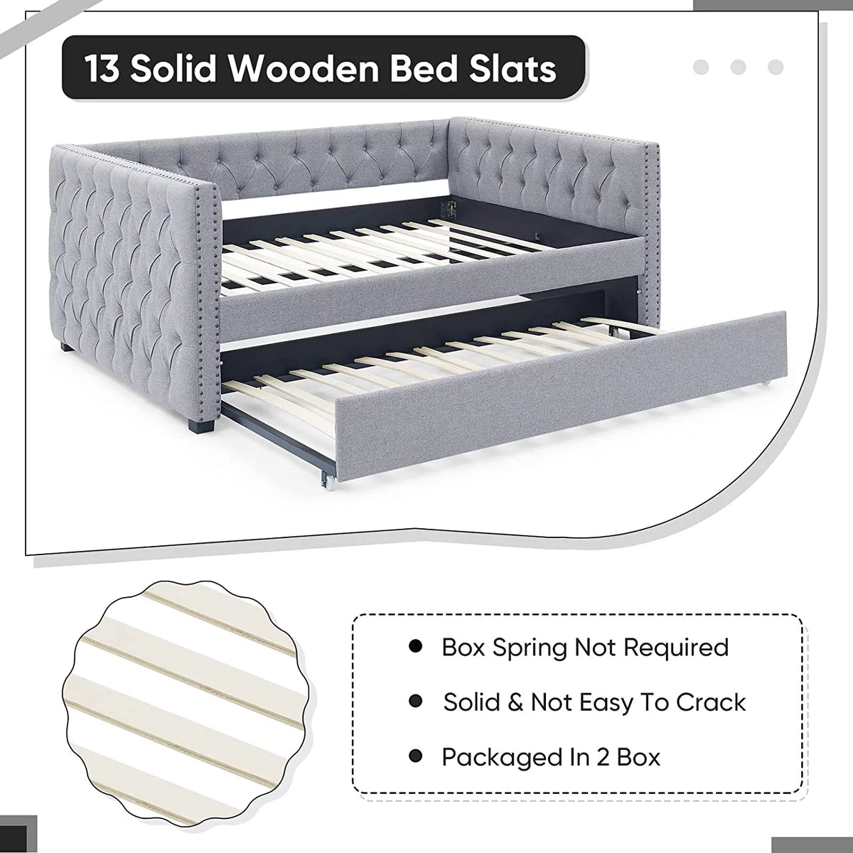 Light Grey Linen Upholstered Twin Size Daybed with Trundle R3495