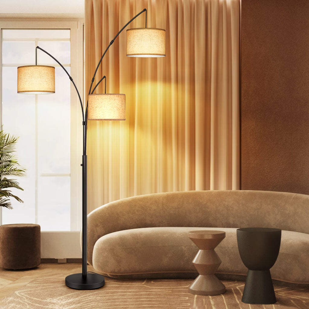 Black Arc Floor Lamp with Linen Lamp Shade F480