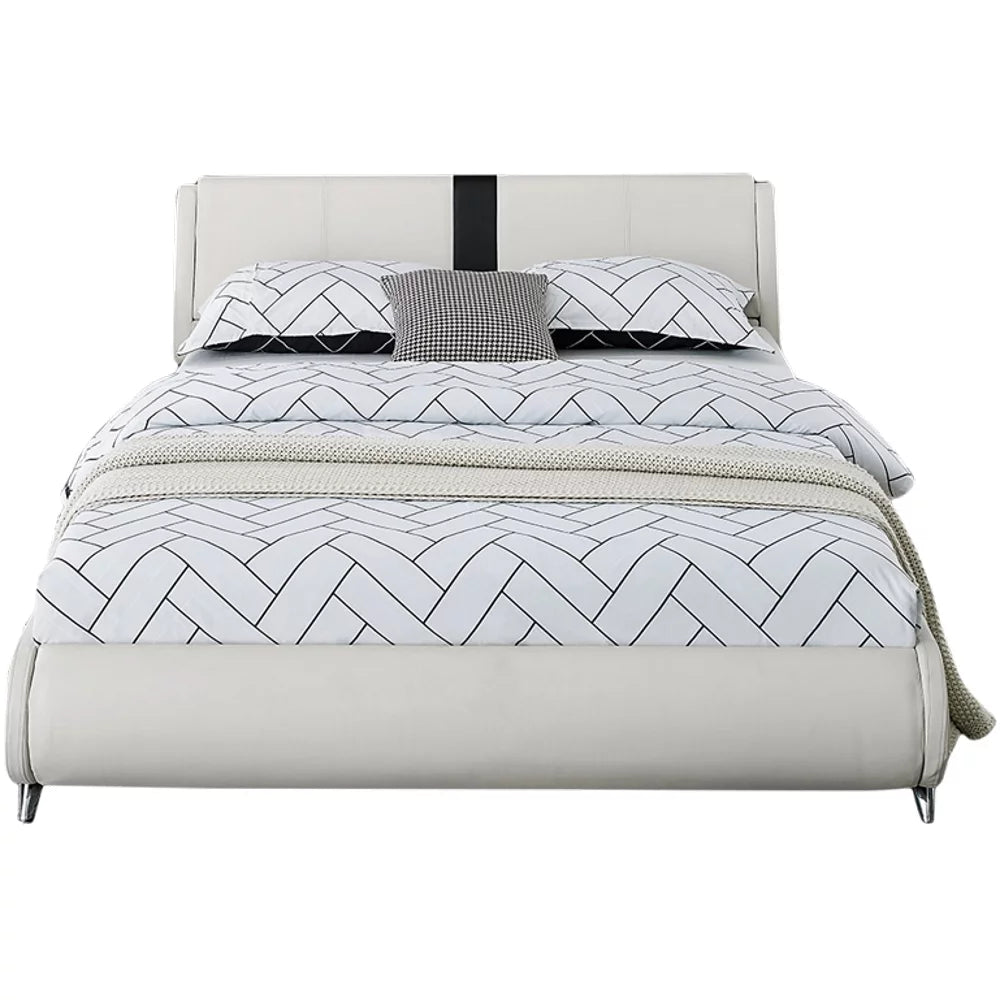 Queen White Platform Bedroom Set with Striped Headboard Q44261