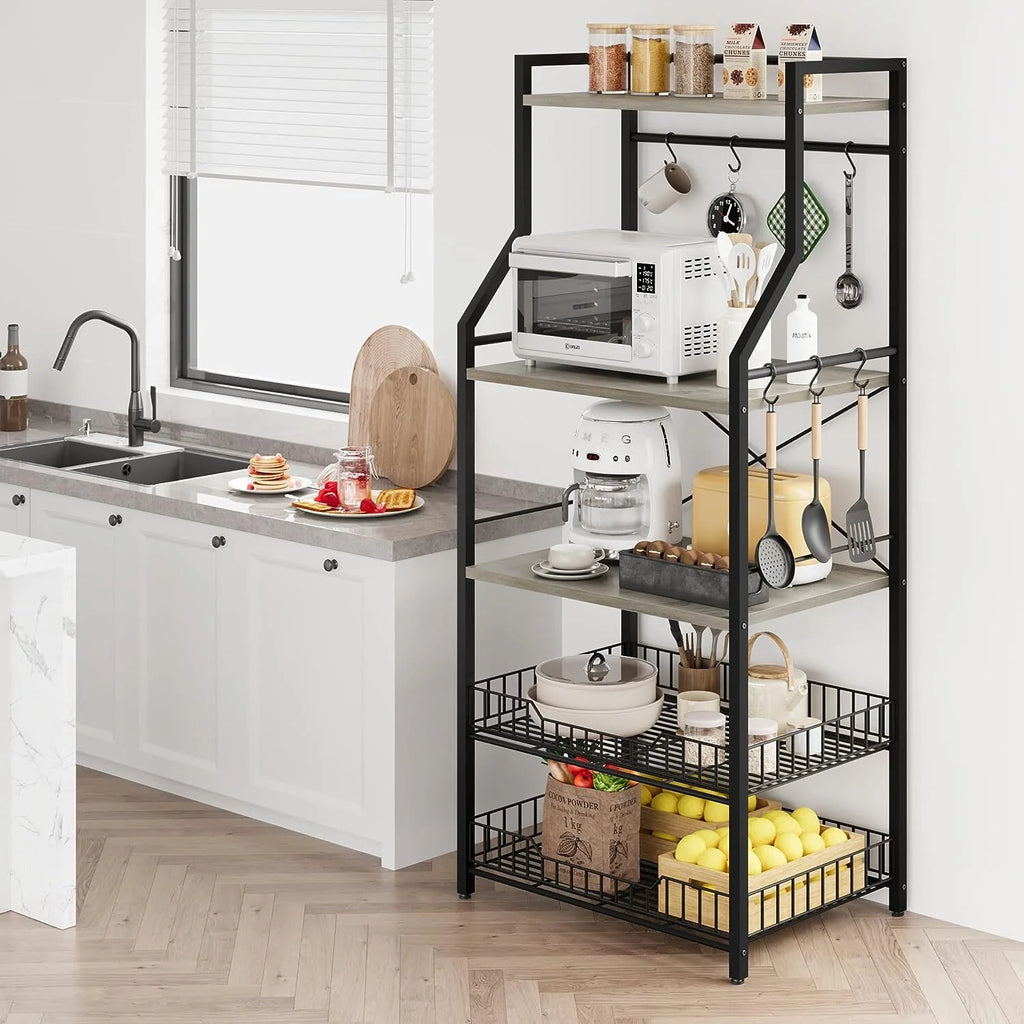 5-Tier Kitchen Utility Storage Shelf with 8 Hooks, Gray H38212