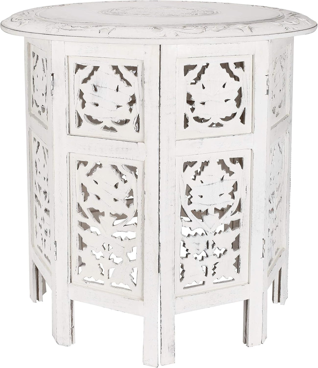 Solid Wood Hand Carved White Antique Accent Table A9857