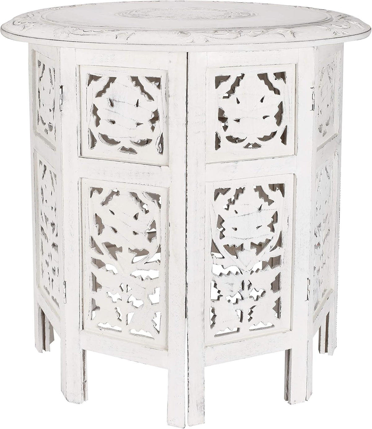 Solid Wood Hand Carved White Antique Accent Table A9857