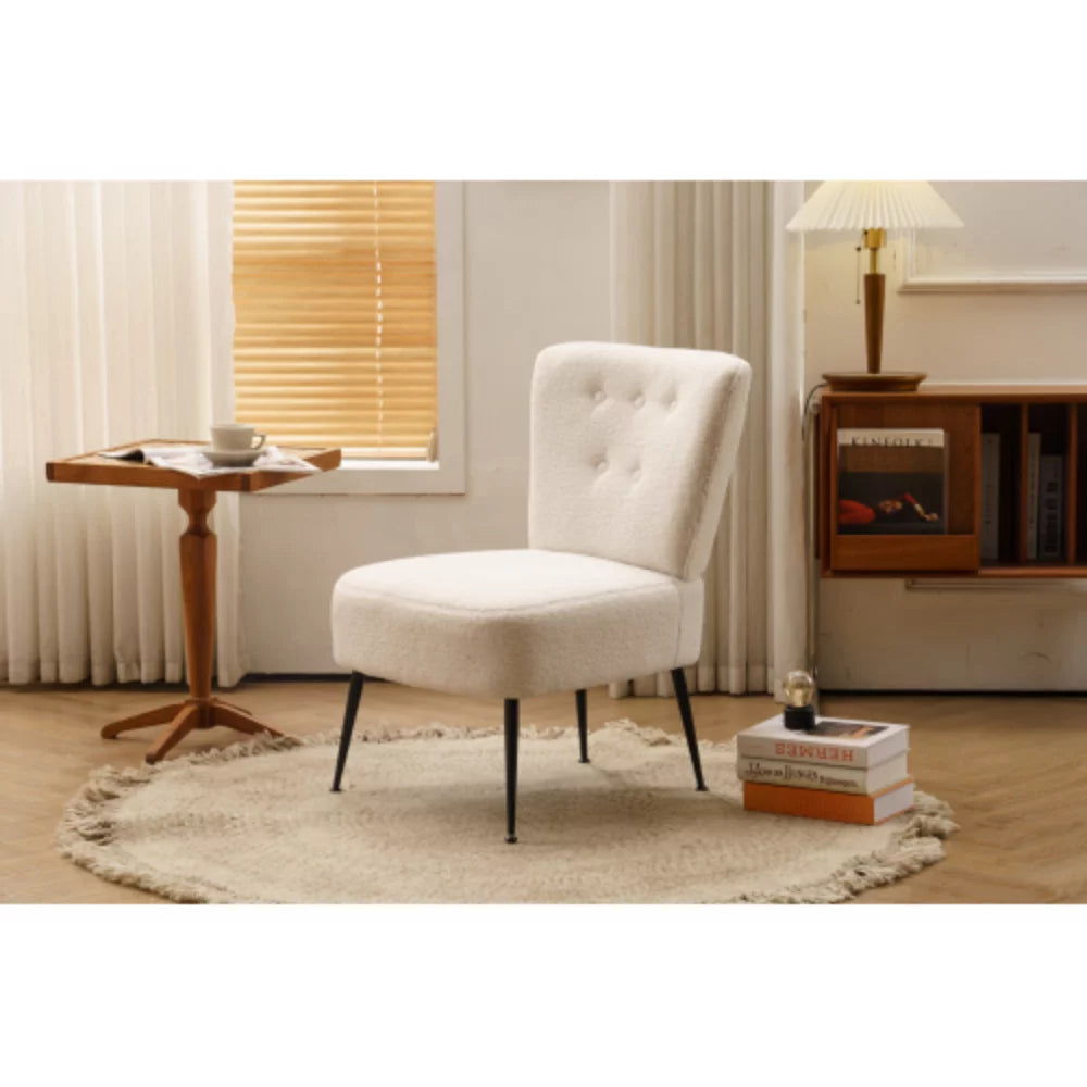 Ivory White Tufted Teddy Fabric Slipper Chair with Black Metal Legs X746907