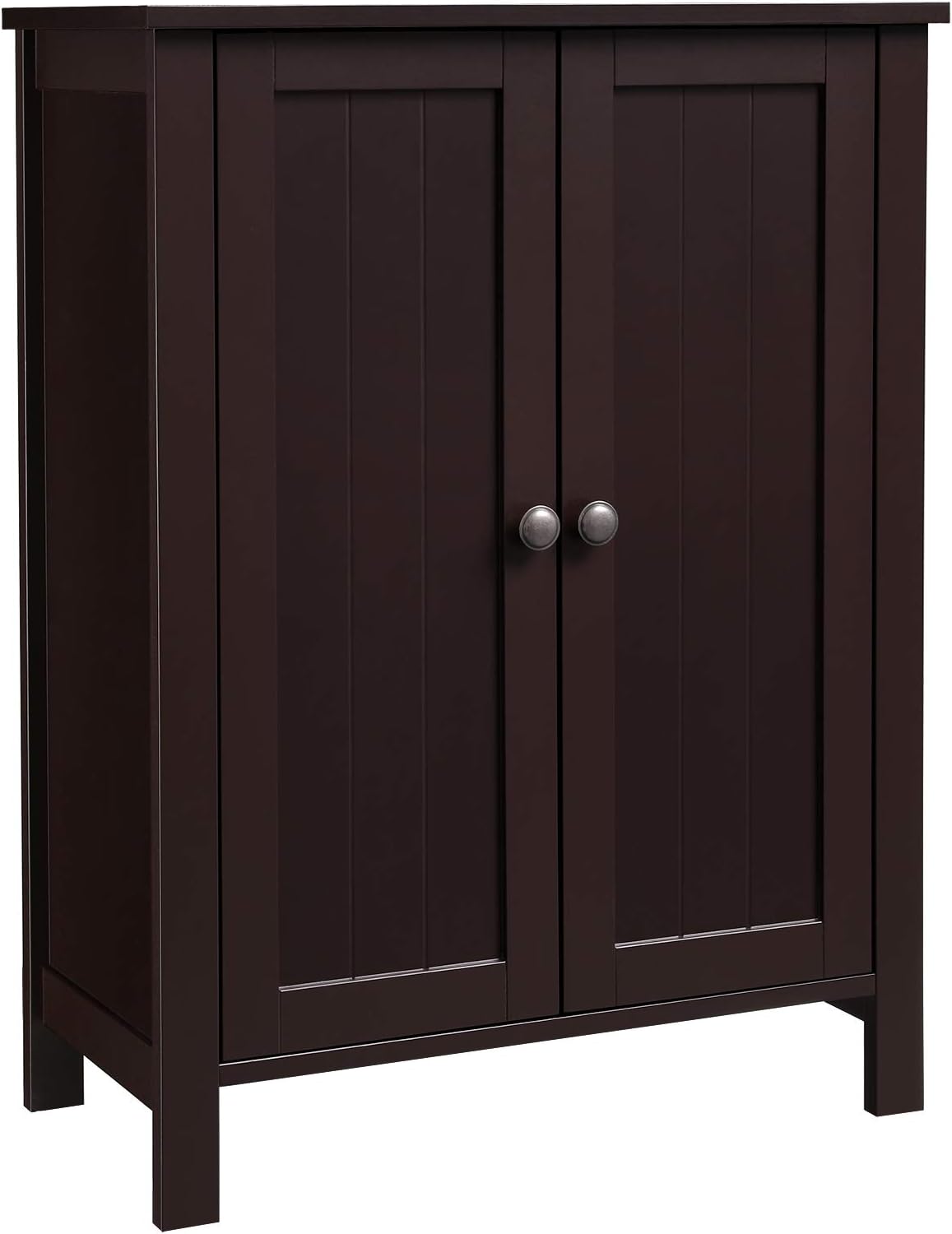 Brown Double Door Bathroom Floor Storage Cabinet with Adjustable Shelf A727