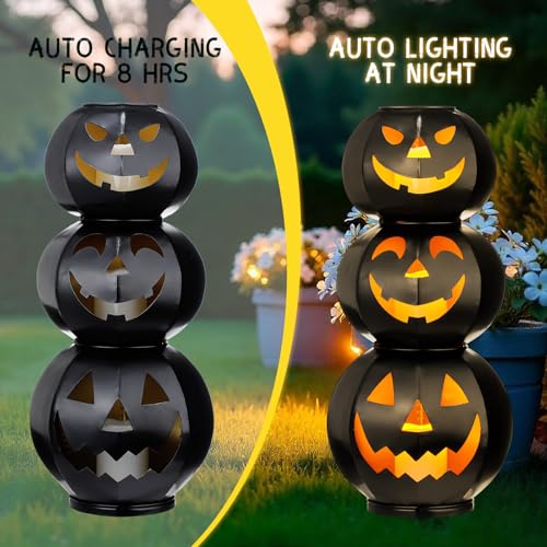 3 Tiers Black Metal Jack O Lanterns Light up Pumpkins with LED Candles S52210