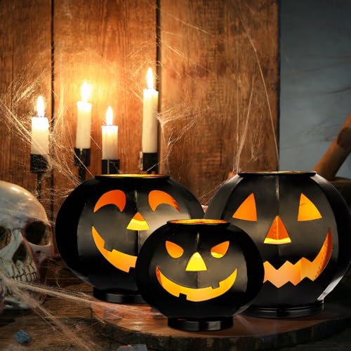 3 Tiers Black Metal Jack O Lanterns Light up Pumpkins with LED Candles S52210