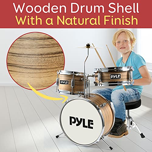 3-Piece Kids Junior Metallic Striped Yellow Drum Set with Throne, Cymbal, Pedal, Bass Drum, Tom and Drumsticks U952304