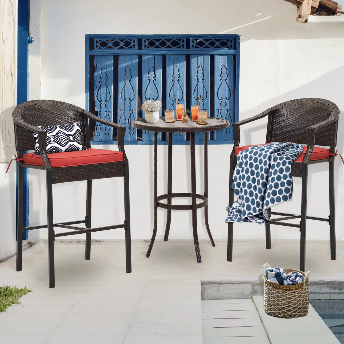 3 Pieces Red Wicker Patio Bar Stools Q825448