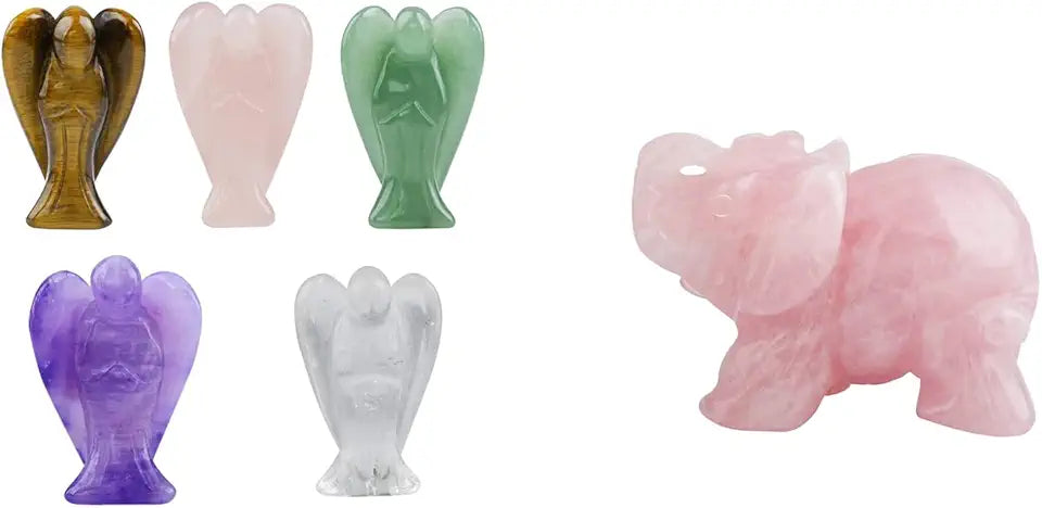 Set of 5 Guardian Angel Figurines & Rose Quartz Elephant Crystal Sculpture Statue O903621