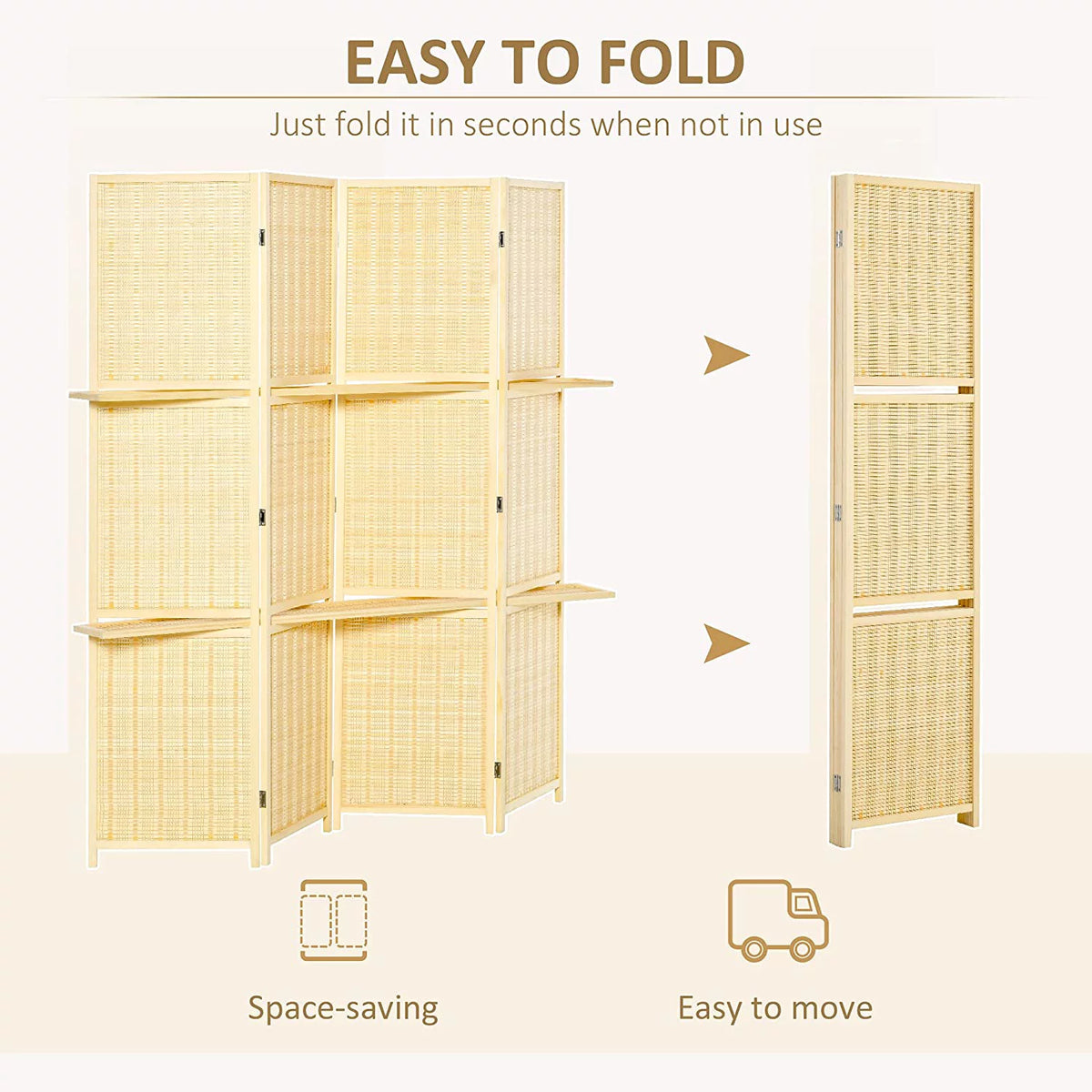 6 Ft Bamboo Folding Privacy Screen with 2 Display Shelves T8062