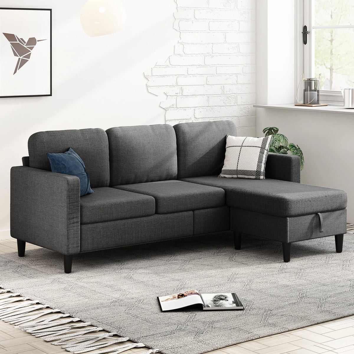 Beige Linen Sectional Sofa with Storage Ottoman K533