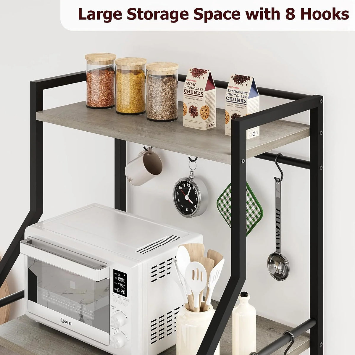 5-Tier Kitchen Utility Storage Shelf with 8 Hooks, Gray H38212