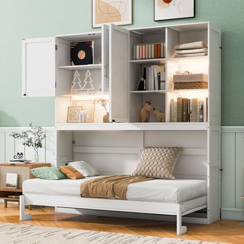 Grey Twin Murphy Bed with Storage Bookcase and Shelves B64923