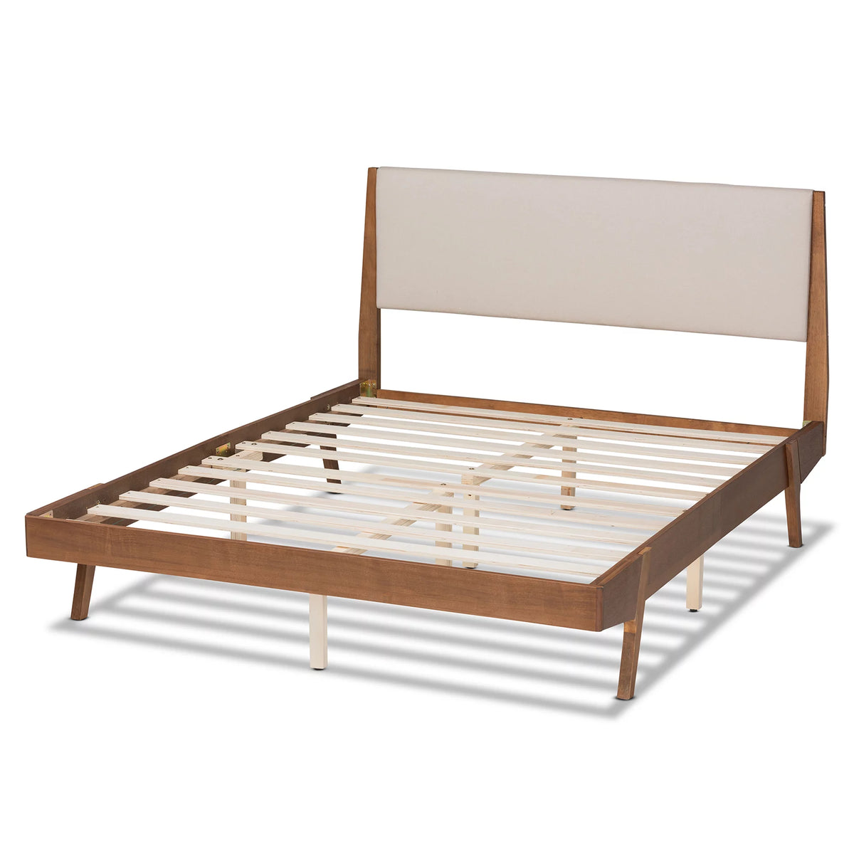 Beige Fabric Upholstered Walnut Brown Wood Queen Size Platform Bed A909