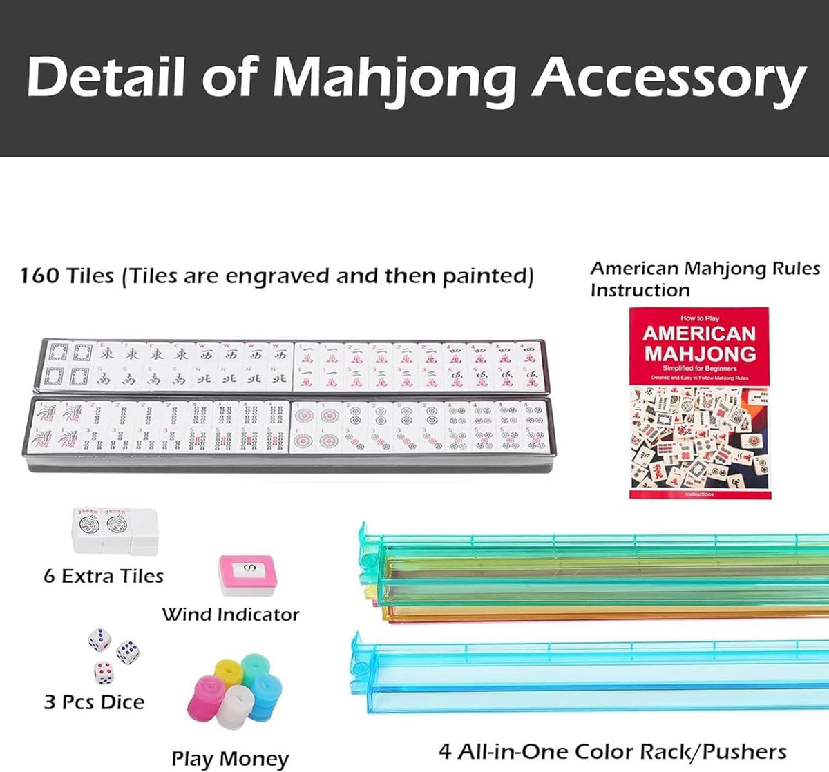 166 White Tiles Mahjong Game Set with 4 Color Rack Pushers, Black Carrying Bag, Mat with 3 Dice W66114