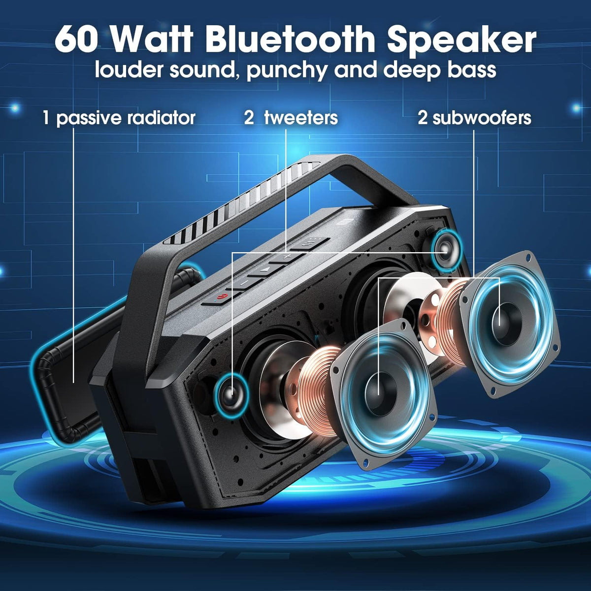 60W Portable Bluetooth Speaker with Deep Bass, IPX6 Waterproof, 40H Playtime P385