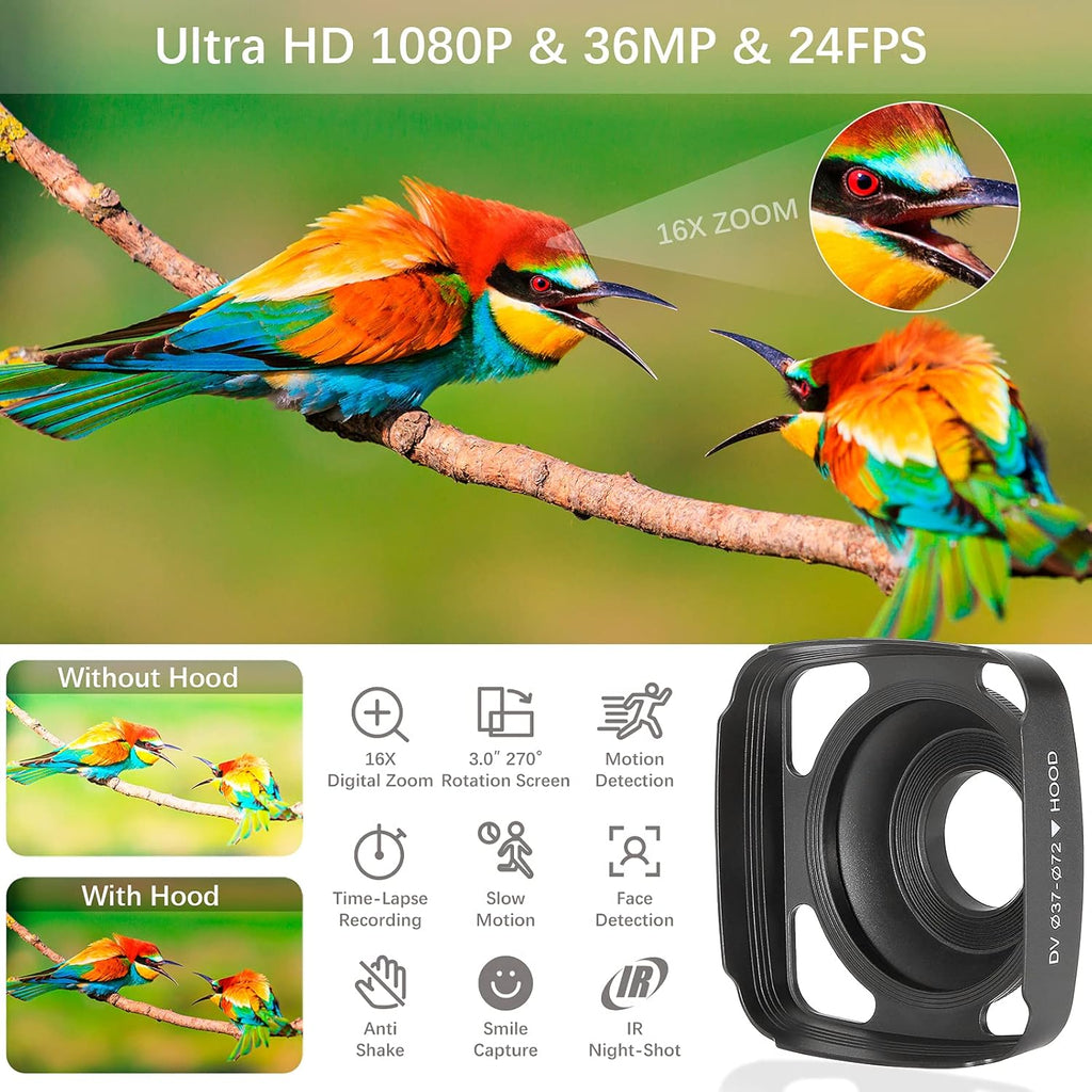 Camcorder 1080P Video Camera 36MP 3.0 Inch IPS Touch Screen IR Night Vision 16X Digital Zoom with External Microphone Handheld Stabilizer Remote Control V826580