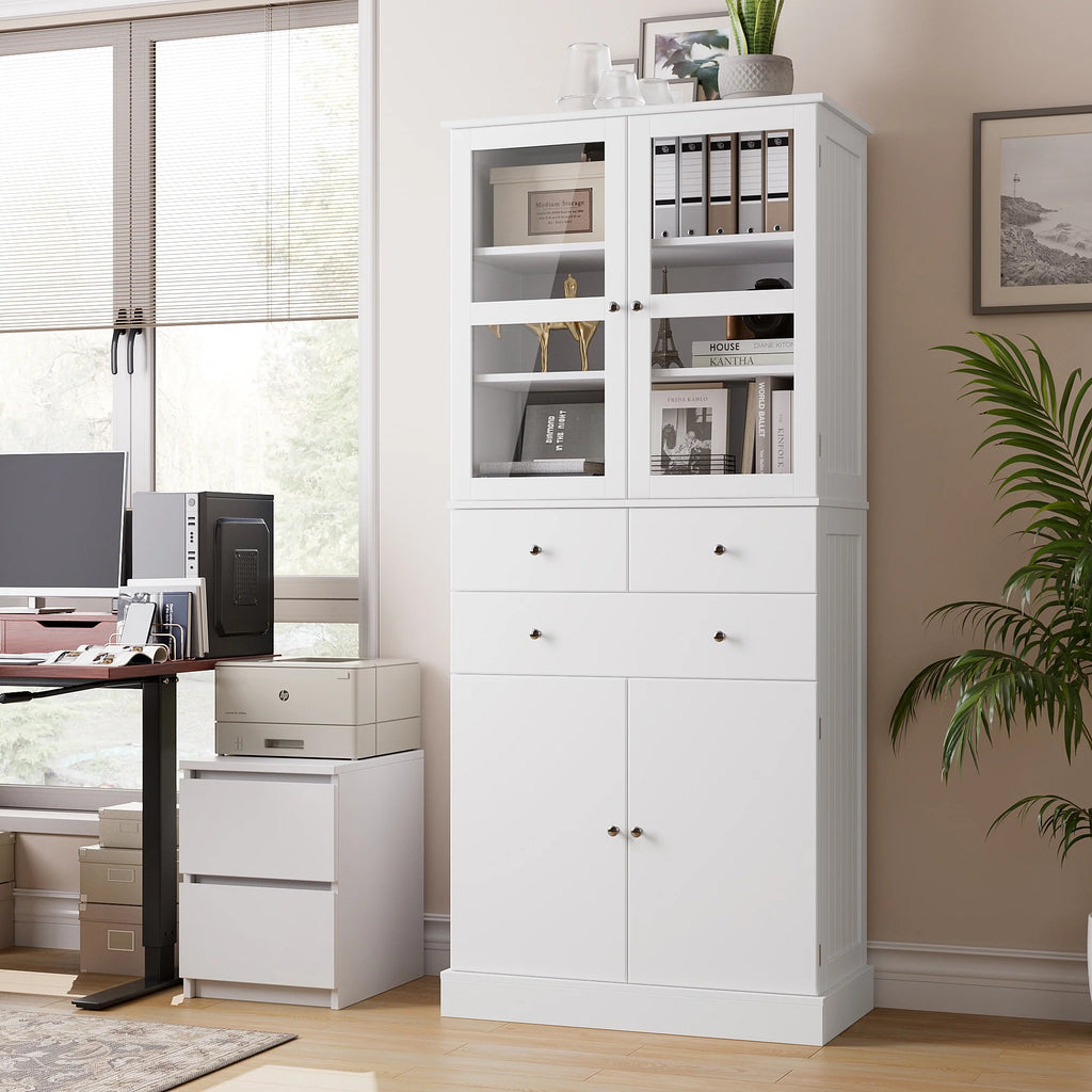 71" White Wood Bookcase with Glass Doors and 3 Drawers J230
