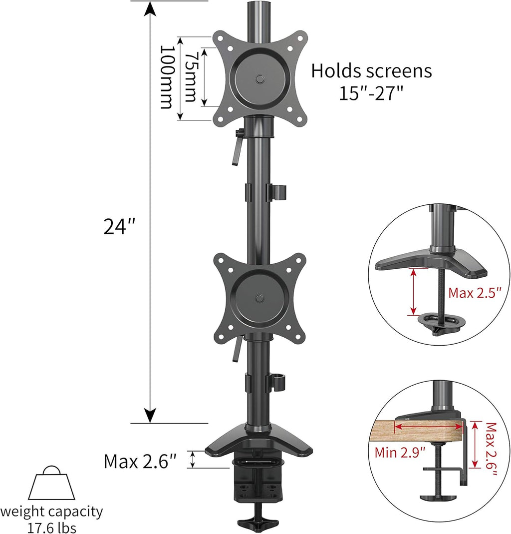 Vertical Dual Monitor Mount, Height Adjustable Heavy Duty C-Clamp and Grommet Mounting Base, VESA 75*75mm/100*100mm O65497