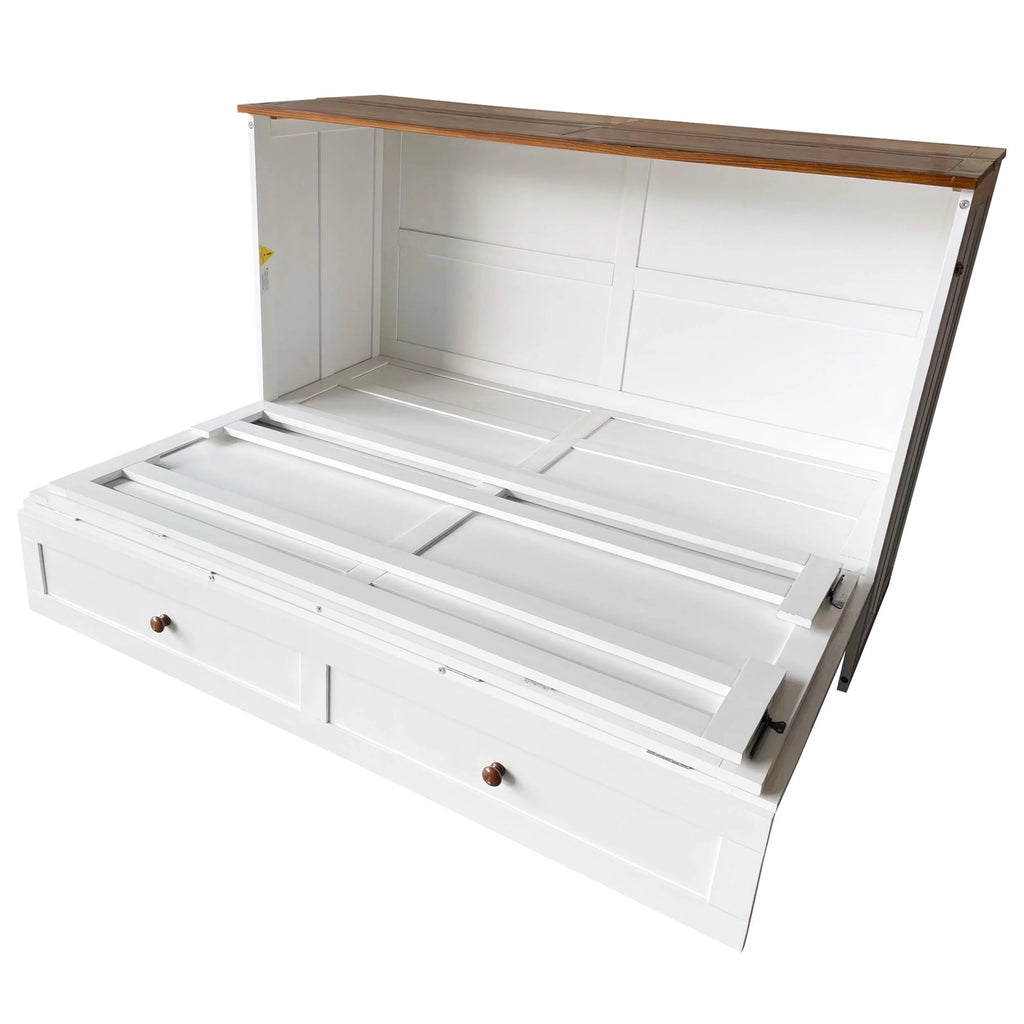 White+Walnut Solid Wood Queen Size Murphy Bed with Storage Drawer Y565177
