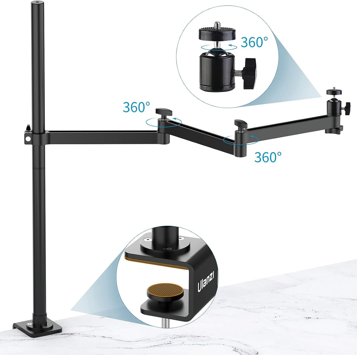 Camera Desk Mount Stand with Flexible Arm, Aluminum Articulated Arm with 360° Rotatable Ball Head E8320