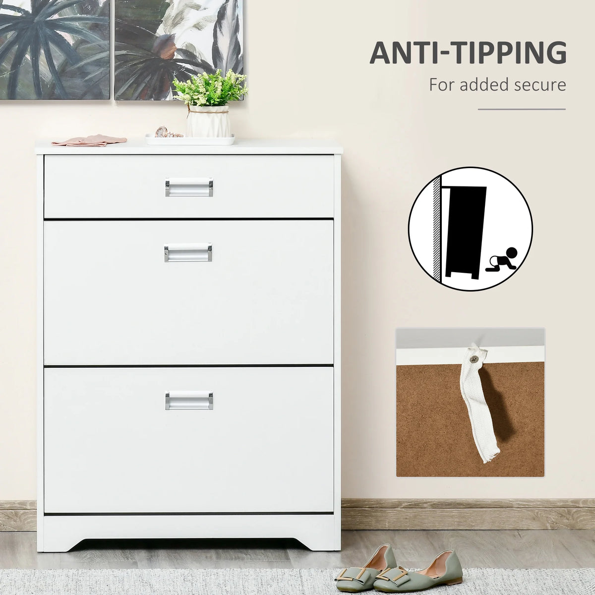 White 3-Drawer Shoe Cabinet with 2 Flip Doors B59766