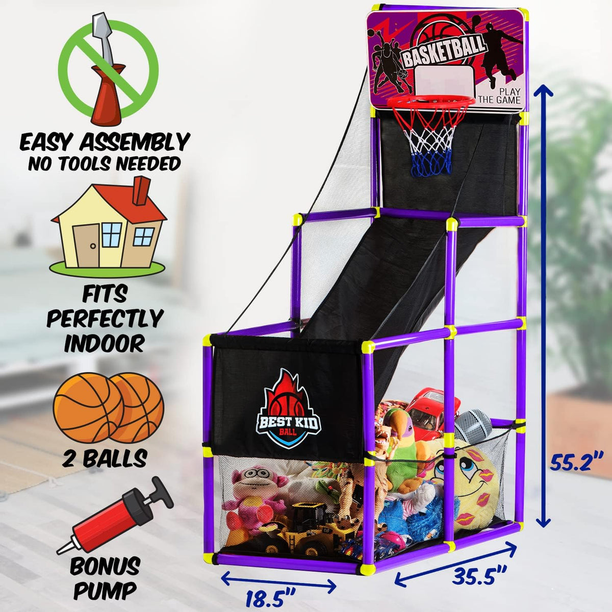 Purple Pack of 2 Indoor Arcade Basketball Hoop with 2 Basketballs and Air Pump E212065
