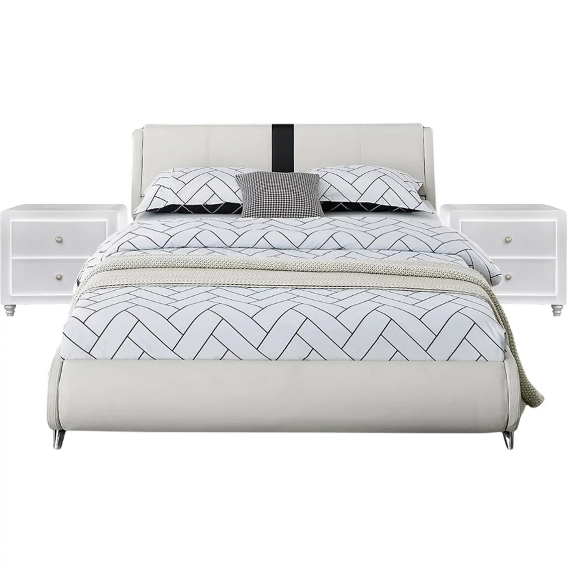 Queen White Platform Bedroom Set with Striped Headboard Q44261
