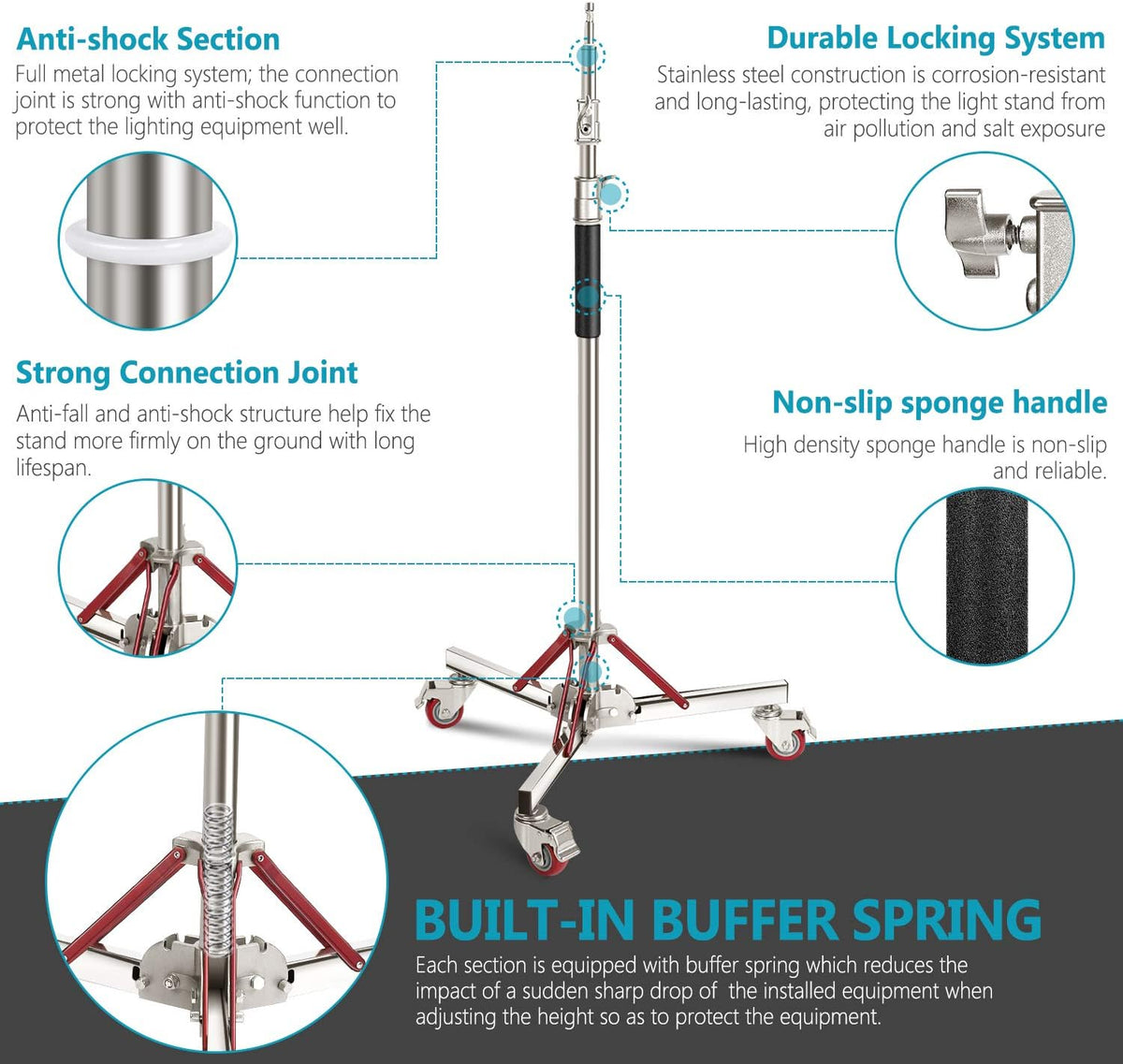 Heavy Duty Light Stand with Casters, Adjustable Tripod Stand, 100% Stainless Steel, Max Height: 10ft/305cm F310