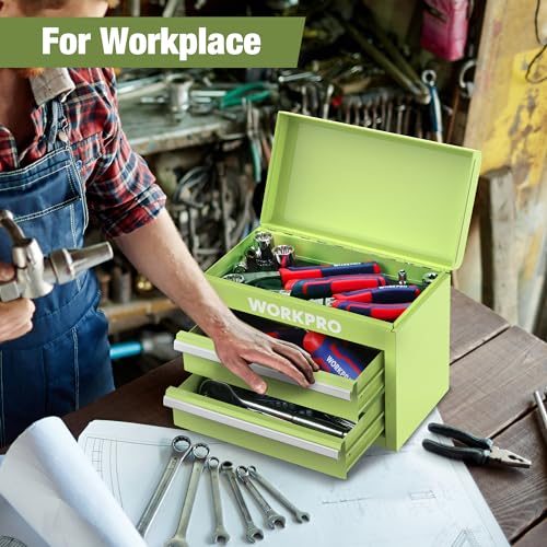 Mini Metal Tool Box with 2 Drawers and Top Storage, Cold Rolled Steel Toolbox A319