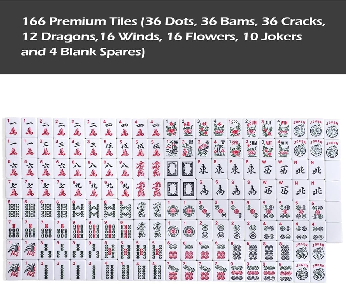 166 White Tiles Mahjong Game Set with 4 Color Rack Pushers, Black Carrying Bag, Mat with 3 Dice W66114