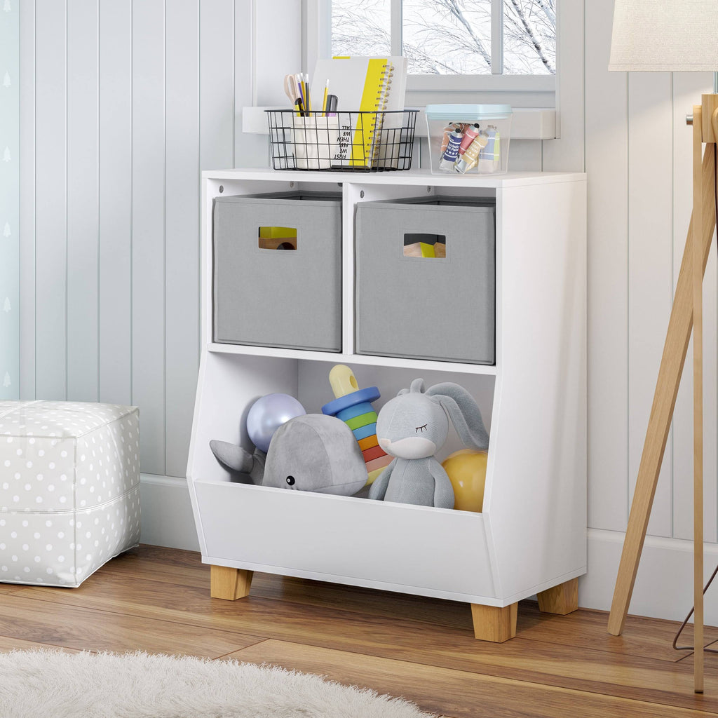 White Toy Organizer with 2 Gray Bins X932