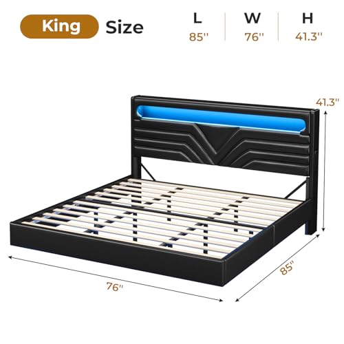Dark Gray Queen Upholstered Platform Bed with LED Lights and Storage Headboard Y788943