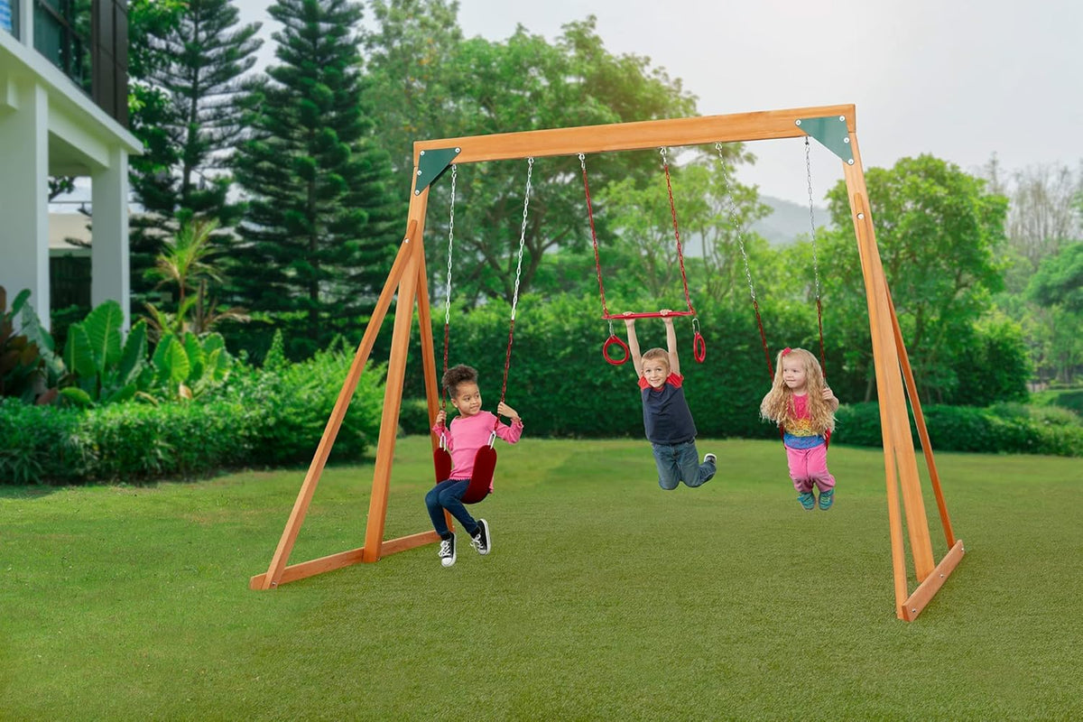 Cedar Wooden Backyard Swing Set with 2 Swings & 1 Trapeze O9441