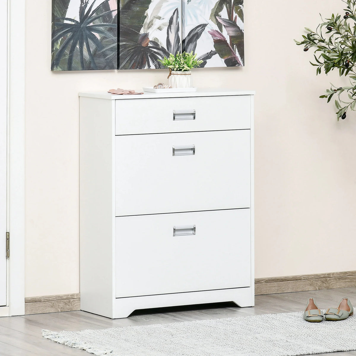 White 3-Drawer Shoe Cabinet with 2 Flip Doors B59766