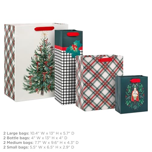 Assorted Christmas Gift Bags, Recyclable Kraft Brown with Snowflake, Plaid and Trees, 8 Bags: 3 Small 6", 3 Medium 9", 2 Large 13" G314194