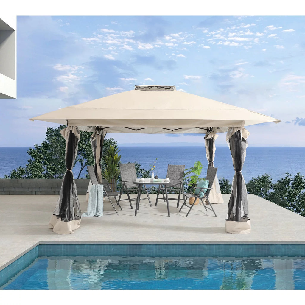 13'x13' Pop Up Gazebo with Netting Walls and Vented Roof Canopy, Beige Y344553