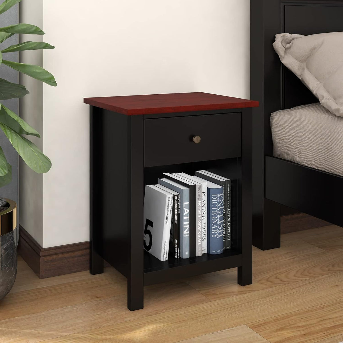 Black 1-Drawer Wood Nightstand S3851