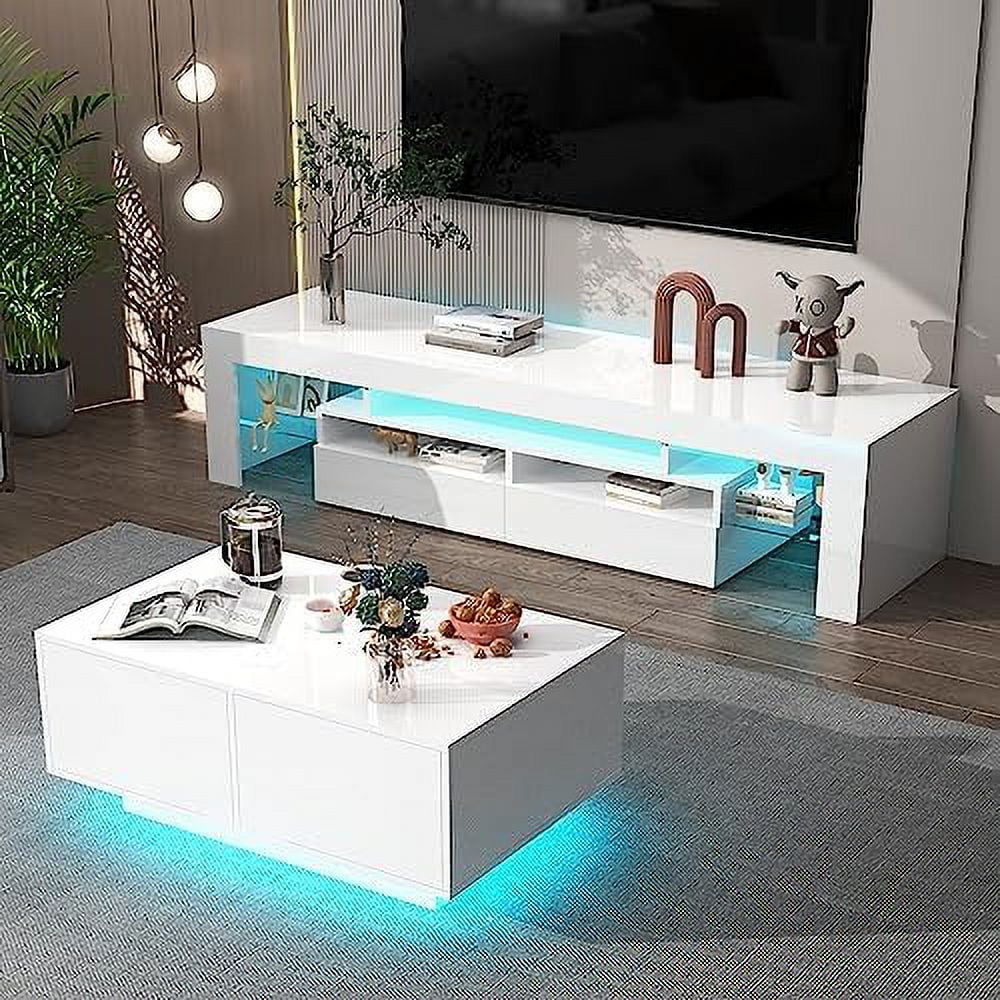 LED Coffee Table with 4 Sliding Drawers White O189508