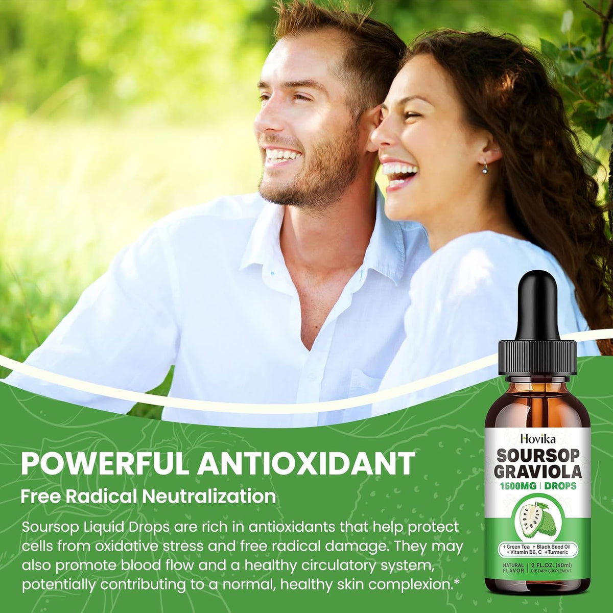 Soursop Graviola Liquid Drops 1500mg with Green Tea, Black Seed Oil, Turmeric, Natural-B Flavor 2 Fl Oz B34752
