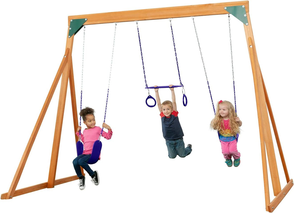 Cedar Wooden Backyard Swing Set with 2 Swings & 1 Trapeze O9441