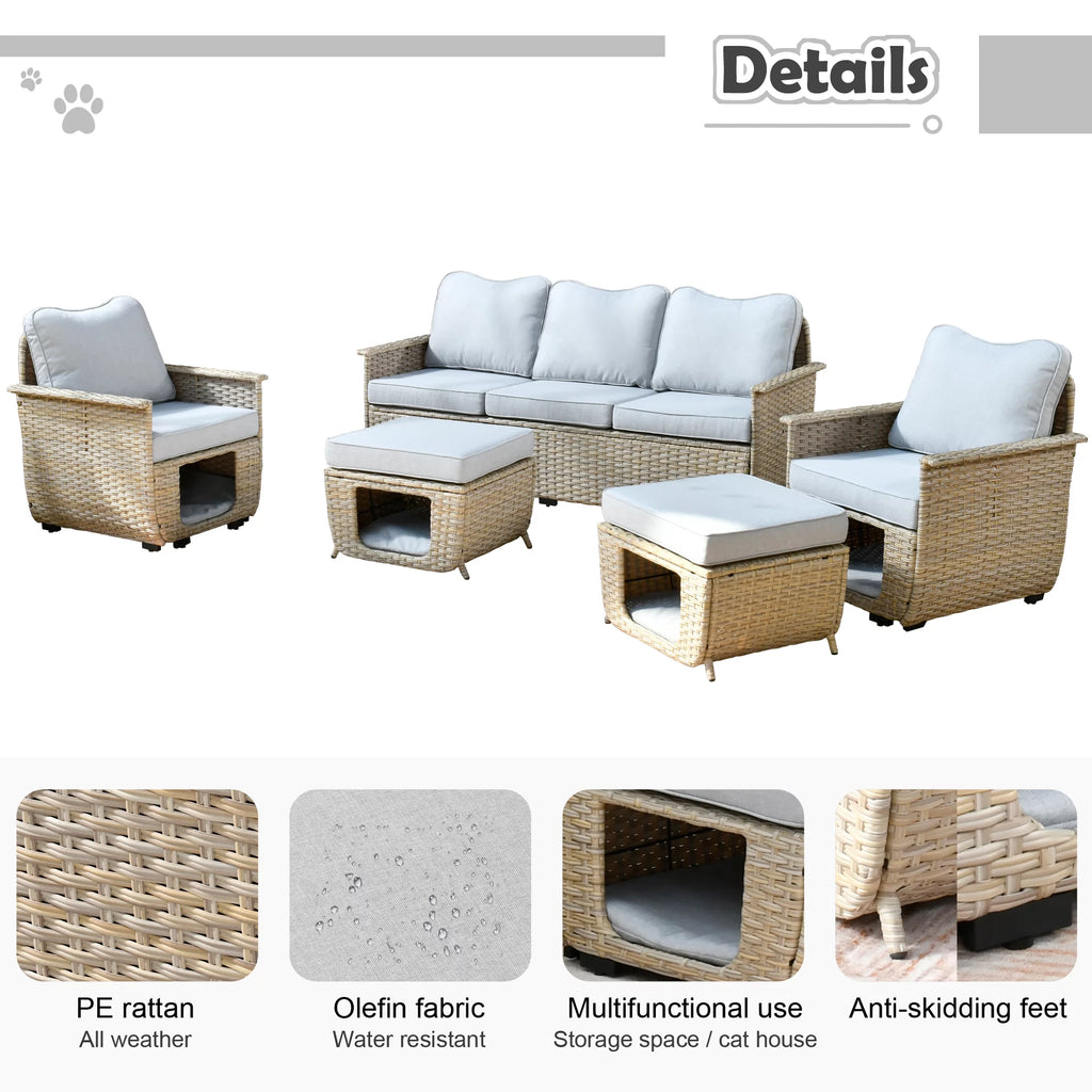 5 Pieces All Weather Wicker Patio Sectional Sofa Set with Storage Box N4636