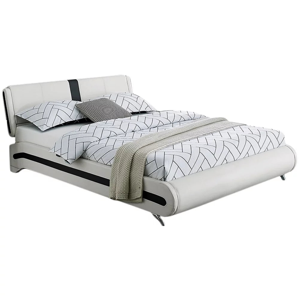 Queen White Platform Bedroom Set with Striped Headboard Q44261