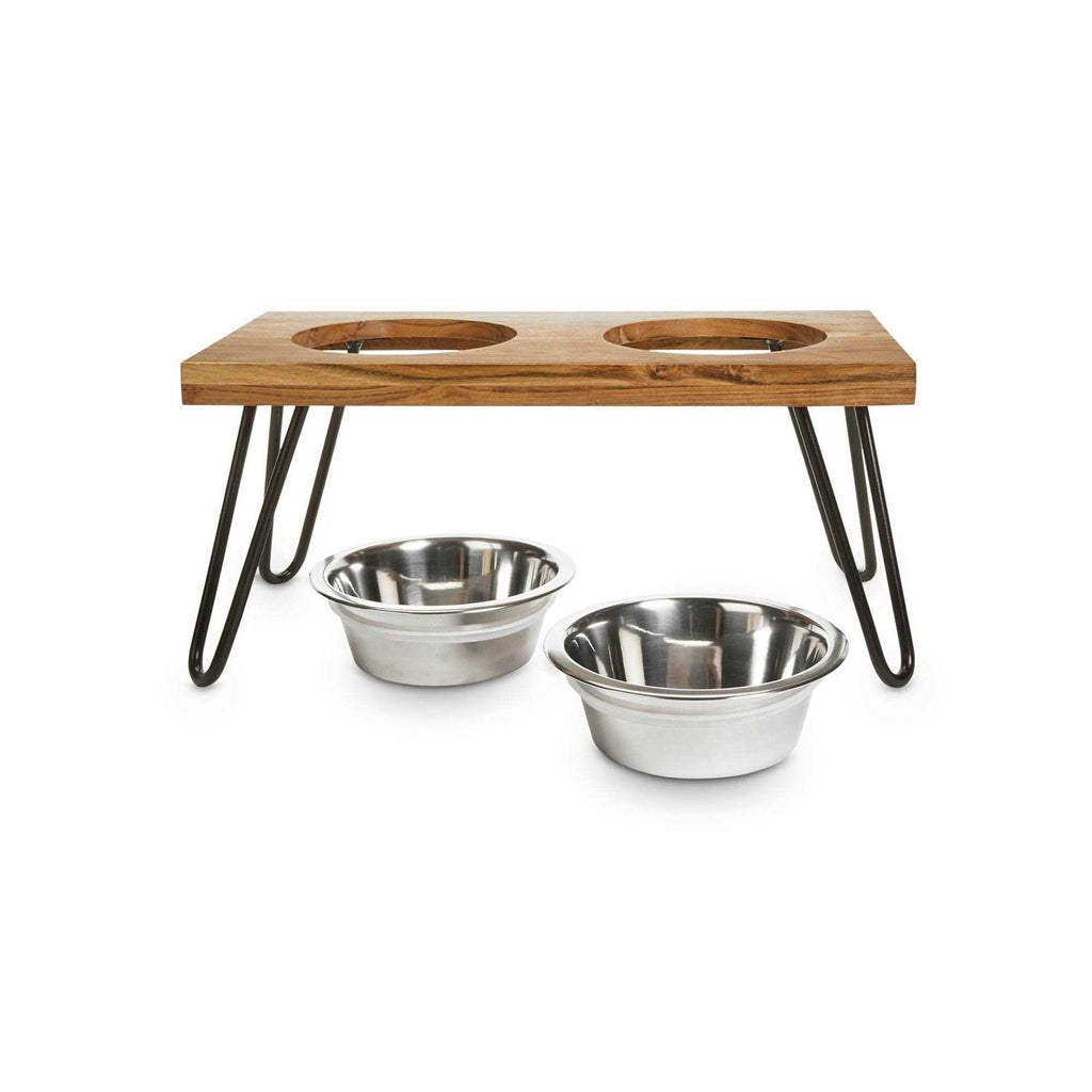 Elevated Wood Double Diner with Stainless-Steel Bowls M2841