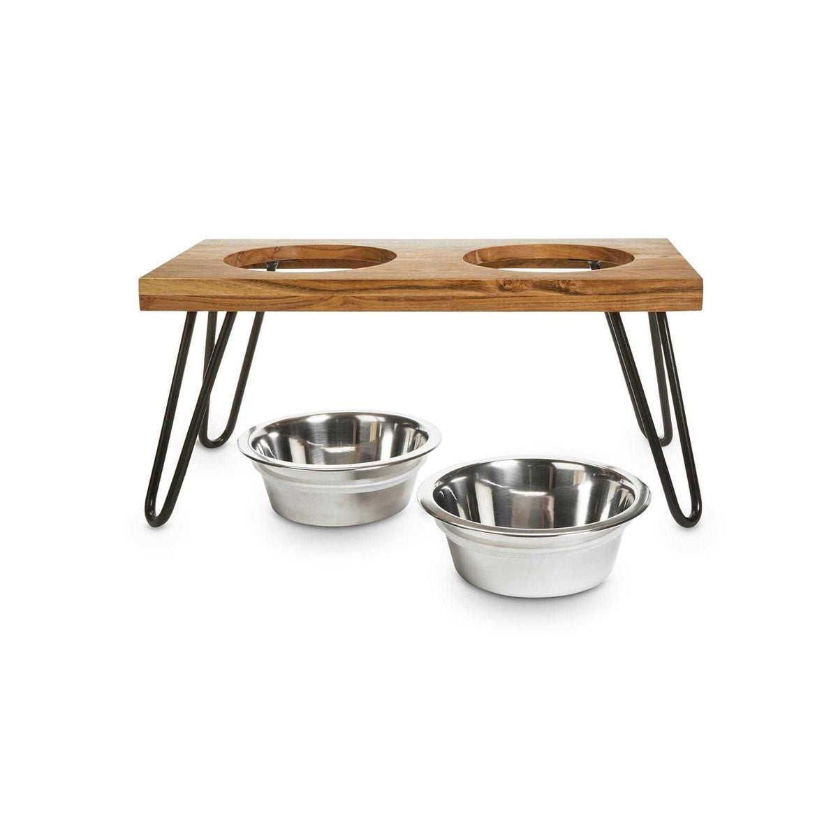 Elevated Wood Double Diner with Stainless-Steel Bowls M2841