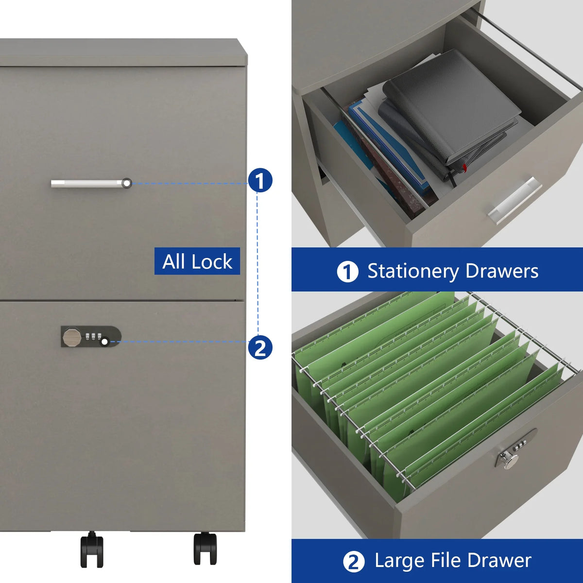 White Gray 2 Drawer Rolling File Cabinet K5693