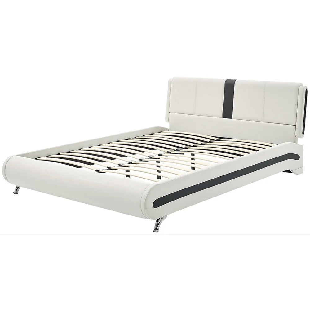 Queen White Platform Bedroom Set with Striped Headboard Q44261