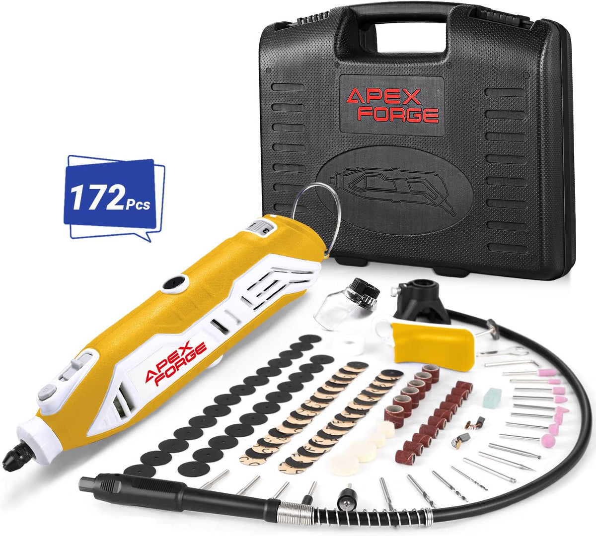 Rotary Tool Kit, Keyless Chuck, 172 Accessories, 6-Speed, Flex Shaft, 4 Attachments, Carrying Case S93854