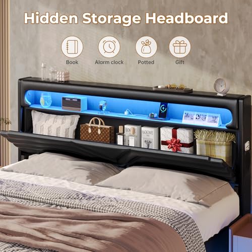 Dark Gray Queen Upholstered Platform Bed with LED Lights and Storage Headboard Y788943