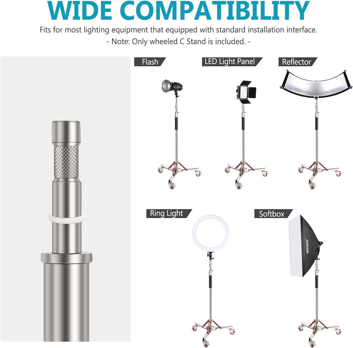 Heavy Duty Light Stand with Casters, Adjustable Tripod Stand, 100% Stainless Steel, Max Height: 10ft/305cm F310